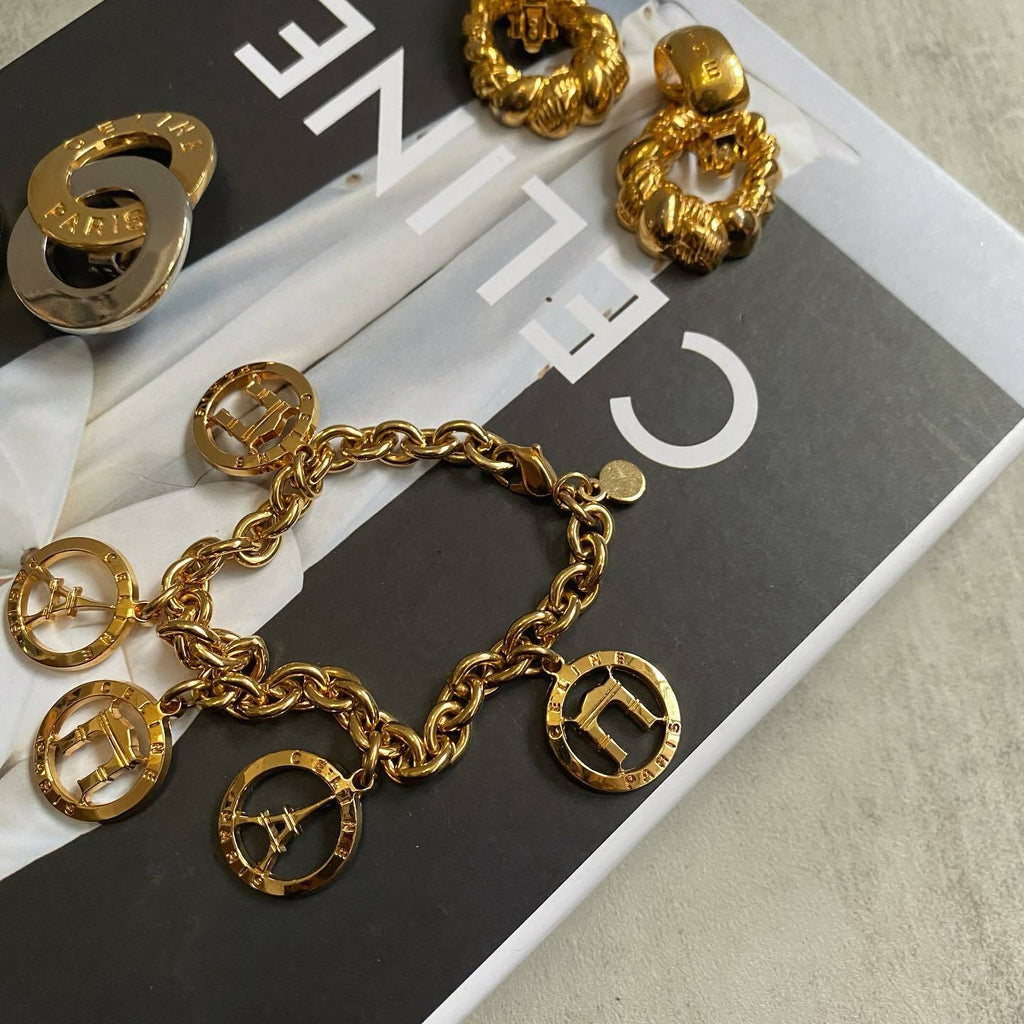 CELINE Arc de Triomphe & Eiffel Tower Charm Bracelet(Gold)|Parisian Glam × Playful Vintage 🇫🇷✨