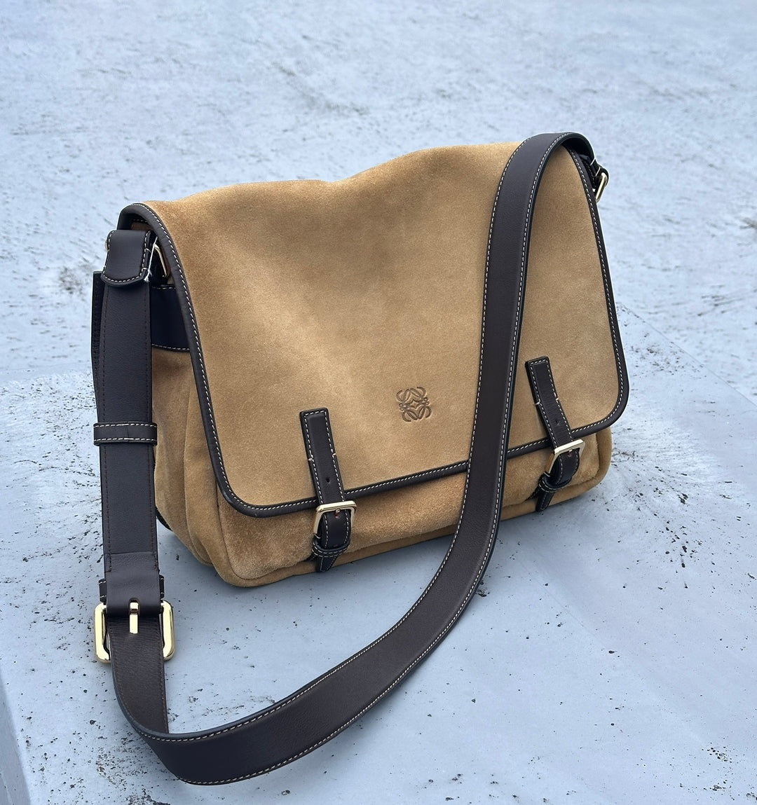 LOEWE “Biscuit” Suede Crossbody Bag — Camel & Chocolate Brown 🤎✨ Spacious & Chic | Fits Laptop & A4
