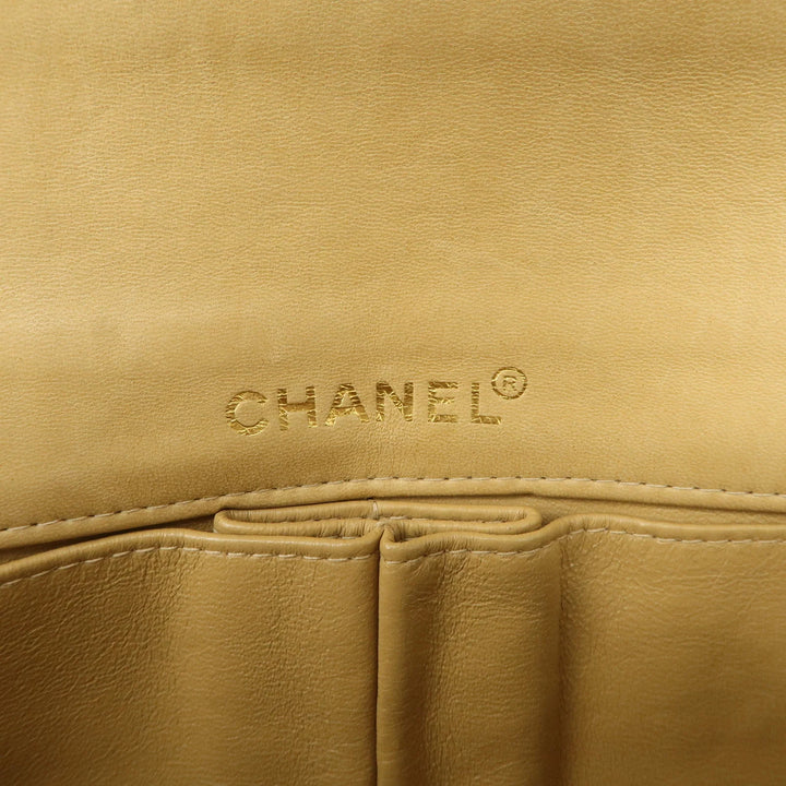 CHANEL Chocolate Bar Lamb Skin Chain Shoulder Bag Beige Gold Used