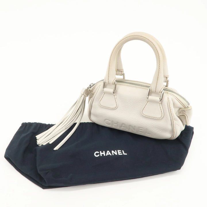 CHANEL Leather Mini Boston Bag Hand Bag Tassel Ivory A23050