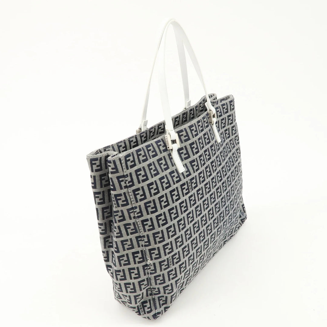 FENDI Zucchino Canvas Leather Tote Bag Hand Bag White Navy 8BH019 Used