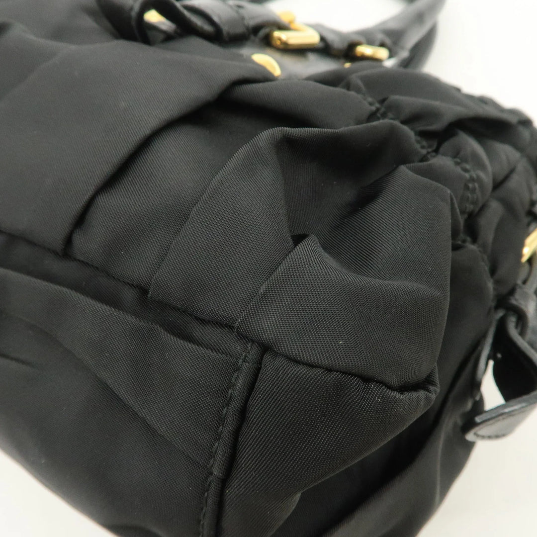 PRADA Nylon Leather Gathered 2Way Hand Shoulder Bag Black BN1407