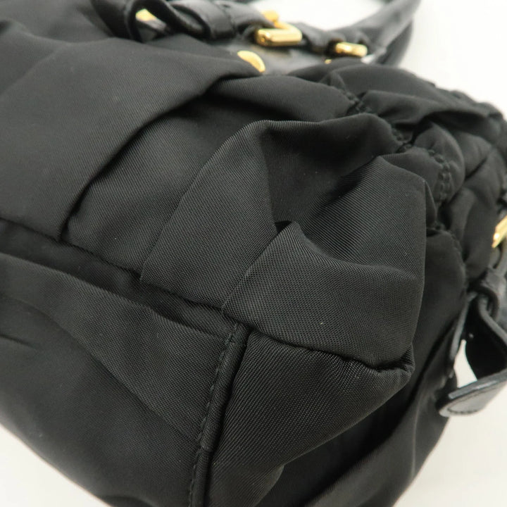 PRADA Nylon Leather Gathered 2Way Hand Shoulder Bag Black BN1407