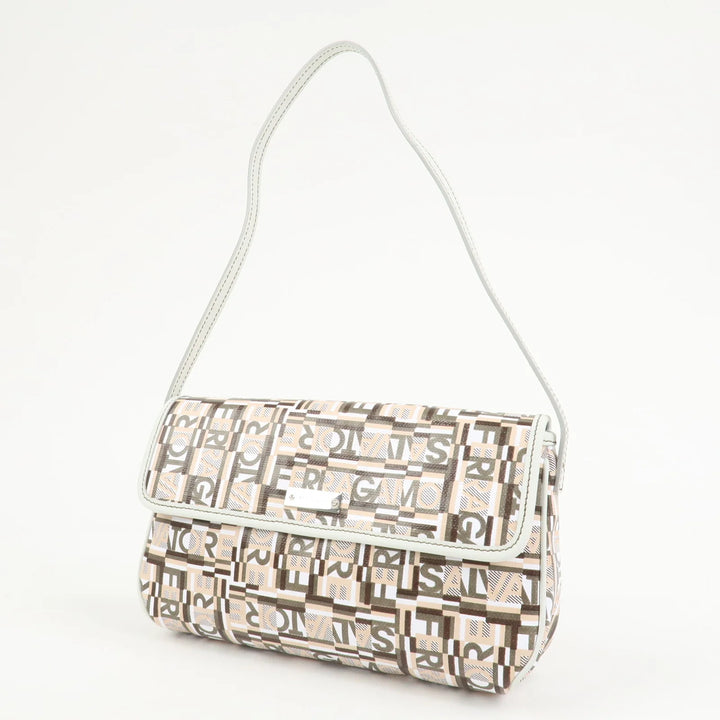 Ferragamo Logo PVC Canvas Leather Shoulder Bag Hand Bag White Gray
