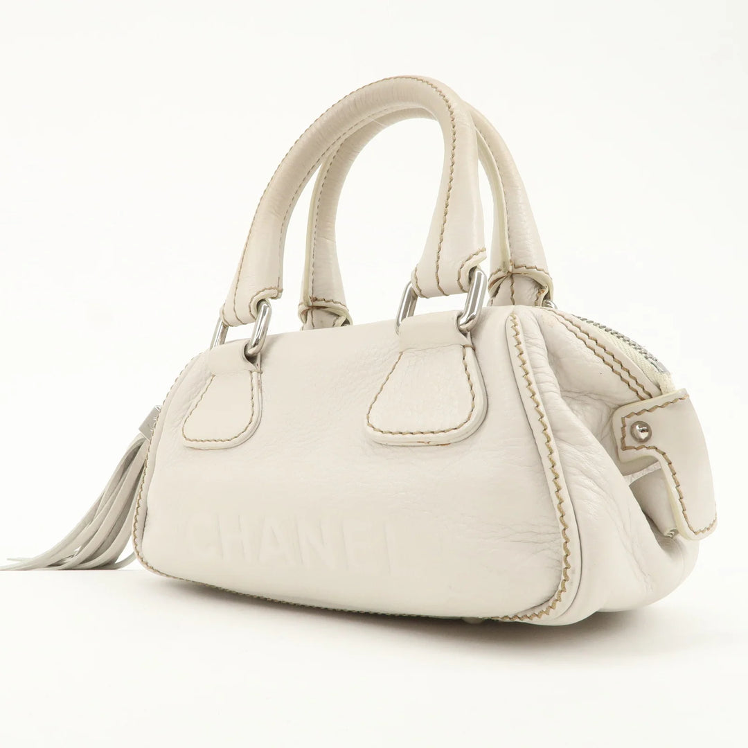CHANEL Leather Mini Boston Bag Hand Bag Tassel Ivory A23050