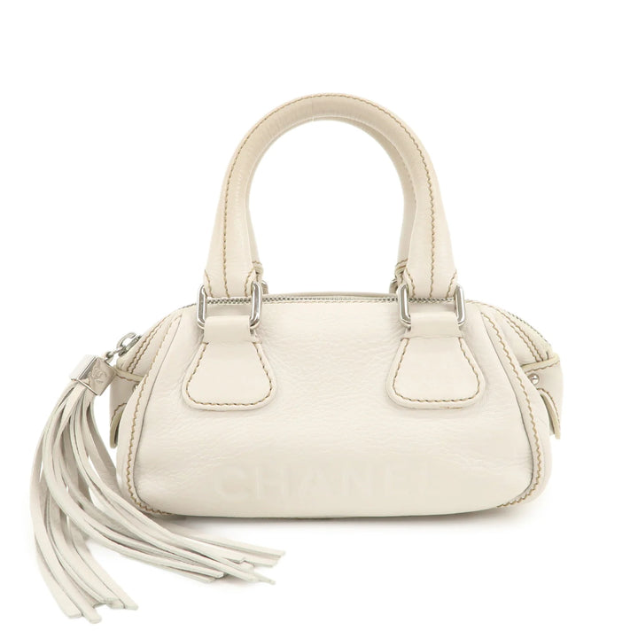 CHANEL Leather Mini Boston Bag Hand Bag Tassel Ivory A23050