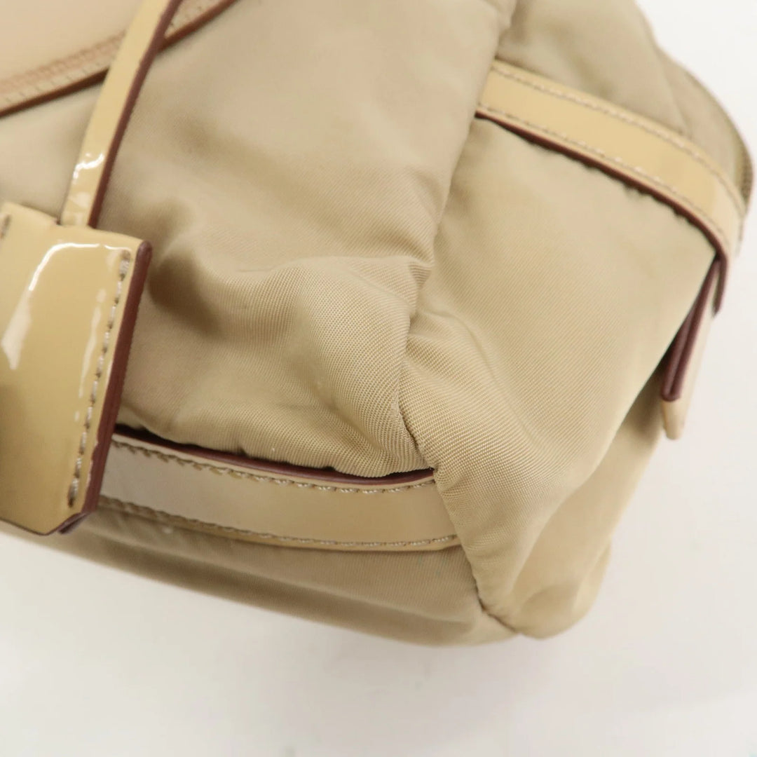 PRADA Logo Nylon Patent Leather Mini Boston Bag Beige BR3150
