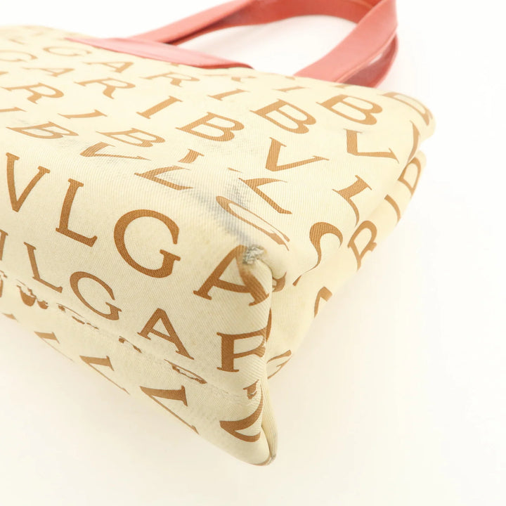 BVLGARI Logo Mania Leather Canvas Shoulder Bag Beige Red