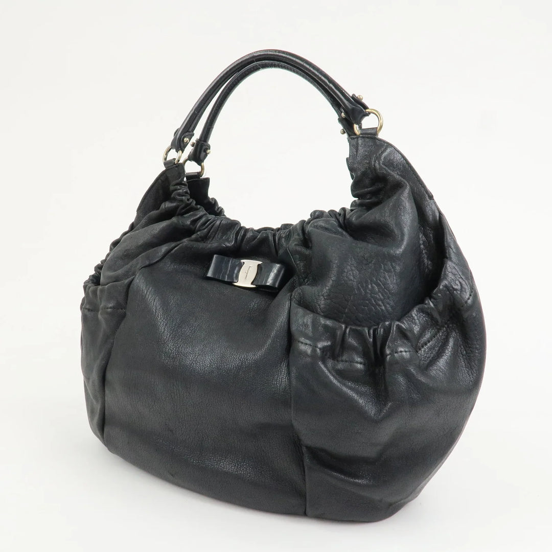 Ferragamo Leather Patent Leather Shoulder Bag Hand Bag Black