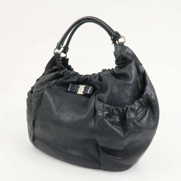 Ferragamo Leather Patent Leather Shoulder Bag Hand Bag Black