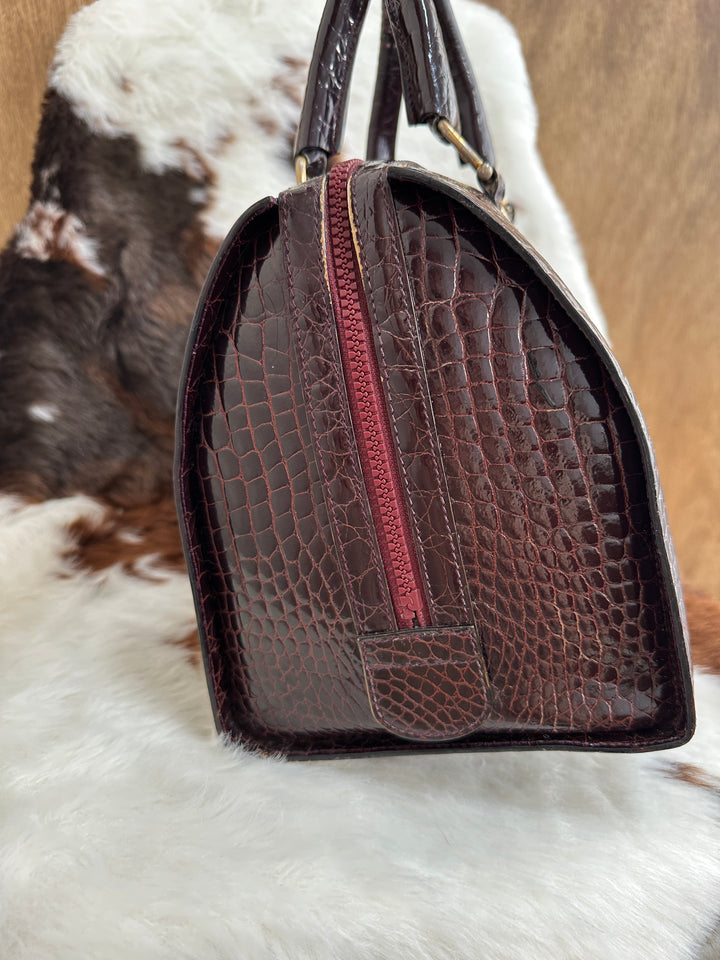Celine Crocodile Embossed Leather Boston Bag 🤎｜Croc Embossed Leather・Elegant Vintage Shape・Rare Statement Piece
