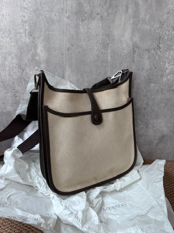 Hermes Evelyn 26 in Beige Canvas & Chocolate Leather – Iconic H Perforation, Lightweight Crossbody