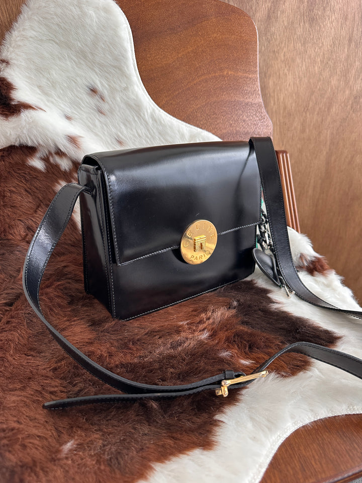 Celine Triomphe Box Leather Crossbody Bag 🖤｜Glossy Box Calfskin・Gold Coin Logo・Rare Vintage