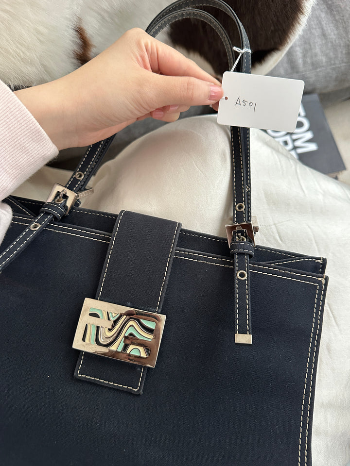 Fendi Enamel Logo Small Tote Bag 💙✨｜Rare Enamel Buckle・Contrast Stitching・Chic Compact Size