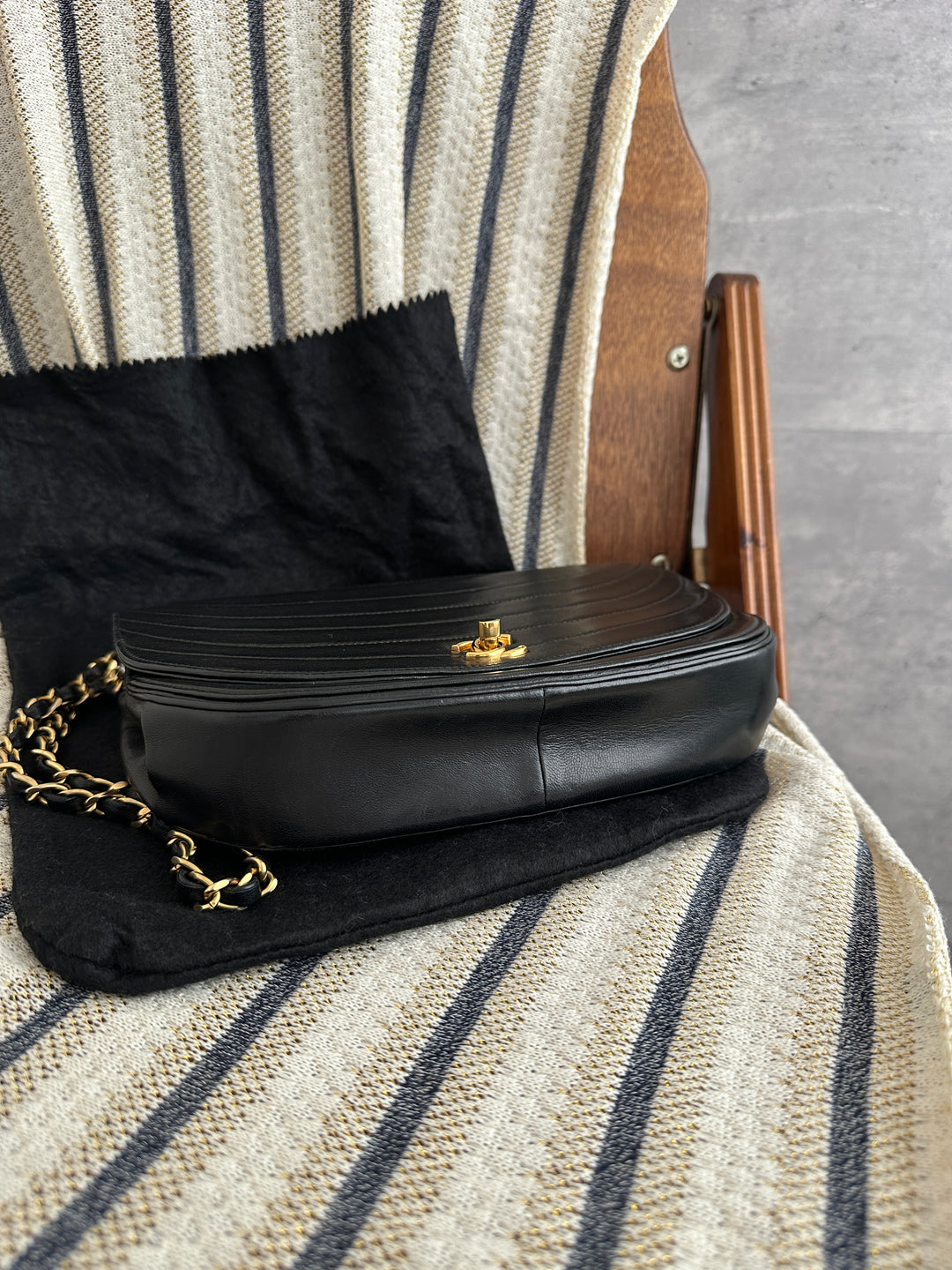 Chanel Vintage Black & Gold Half-Moon CF Flap Chain Bag