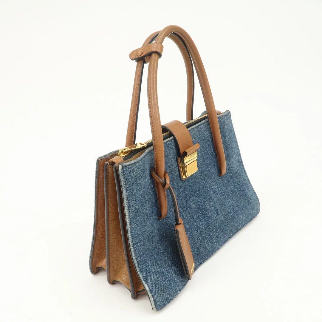 MIU MIU Madras Convertible Denim Leather 2Way Bag Hand Bag 5BA104