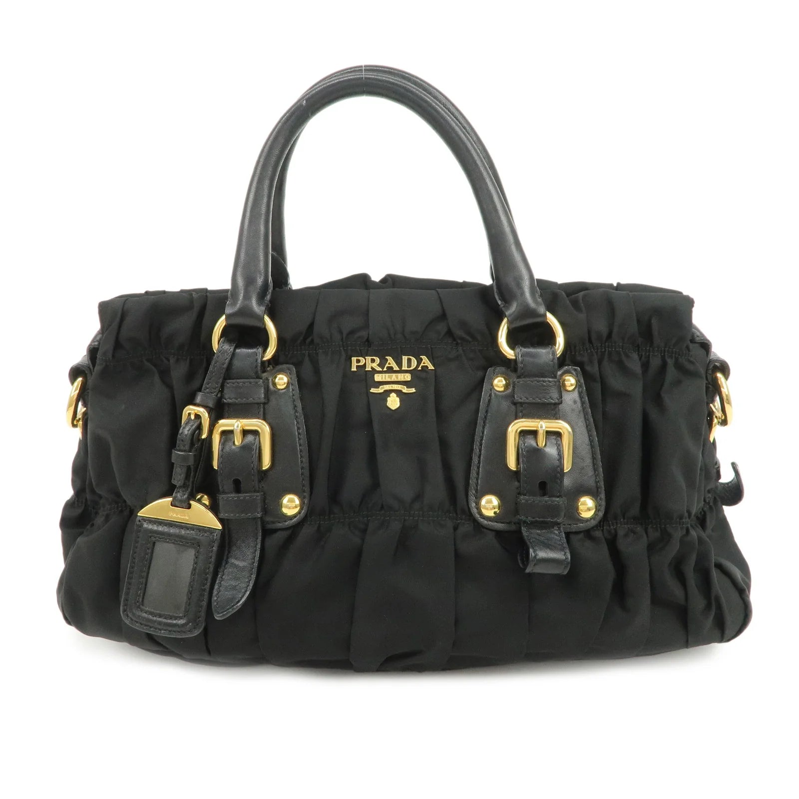 PRADA Nylon Leather Gathered 2Way Hand Shoulder Bag Black BN1407