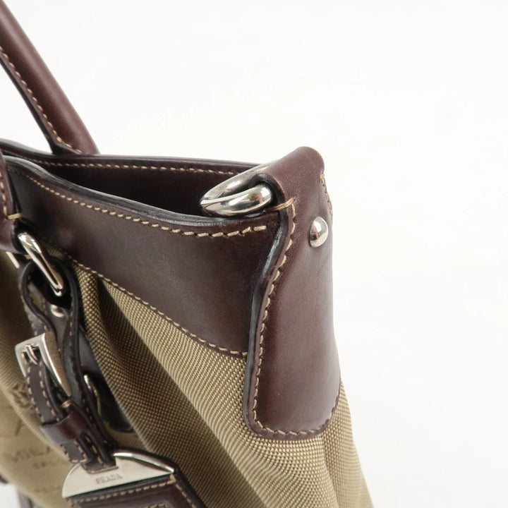 PRADA Logo Jaguard Leather 2way Hand Bag Beige Brown BN1184