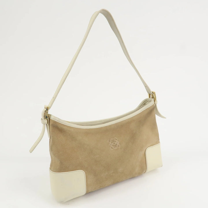 LOEWE Anagram Leather Suede Shoulder Bag Hand Bag Beige Ivory