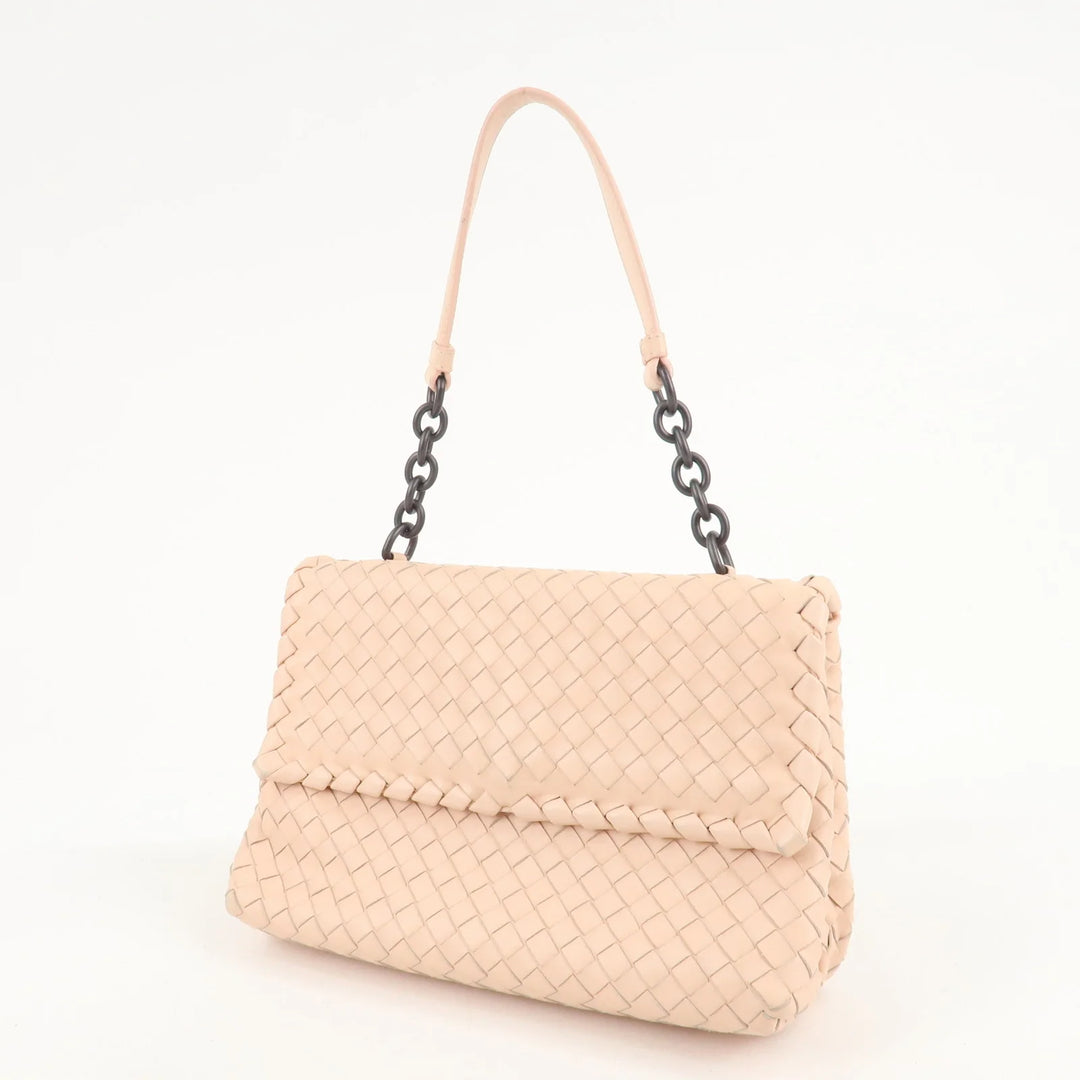 BOTTEGA VENETA Intrecciato Leather Chain Shoulder Bag Pink Beige Used