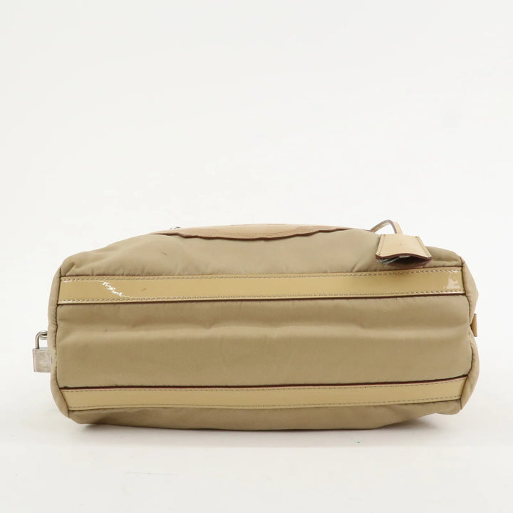 PRADA Logo Nylon Patent Leather Mini Boston Bag Beige BR3150