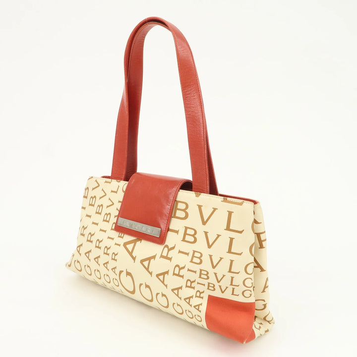 BVLGARI Logo Mania Leather Canvas Shoulder Bag Beige Red