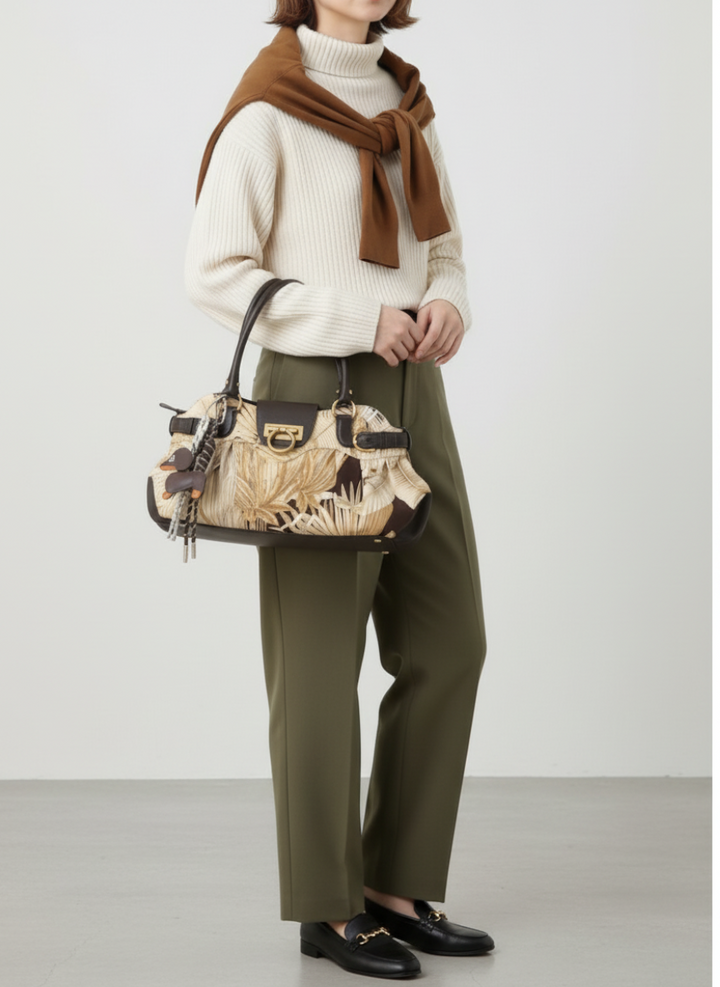 Ferragamo Gancini Floral Print Bag 🍂🤎｜Autumn Botanical Print・Brown Leather