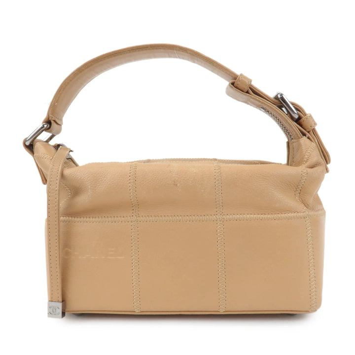 CHANEL Chocolate Bar Wild Stitch Leather Hand Bag Beige Used