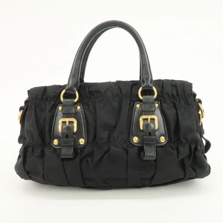 PRADA Nylon Leather Gathered 2Way Hand Shoulder Bag Black BN1407