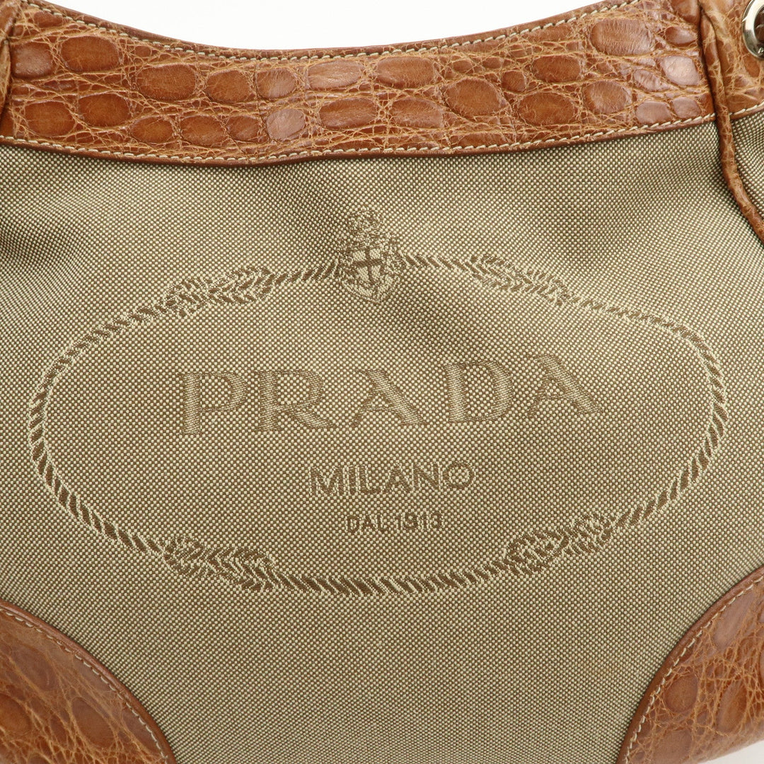 PRADA Logo Jacquard Canvas Embossed Leather Shoulder Bag BR34333
