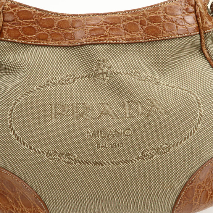 PRADA Logo Jacquard Canvas Embossed Leather Shoulder Bag BR34333