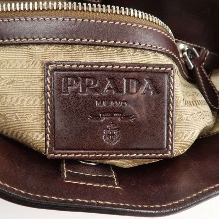 PRADA Logo Jaguard Leather 2way Hand Bag Beige Brown BN1184