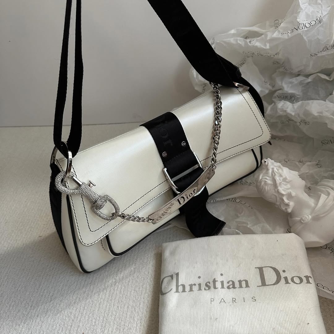 DIOR Punk Shoulder Bag with Rhinestone Buckle（Black & White）｜Y2K Glam × Collectible Icon 🖤✨