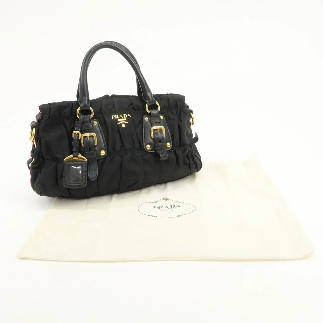 PRADA Nylon Leather Gathered 2Way Hand Shoulder Bag Black BN1407