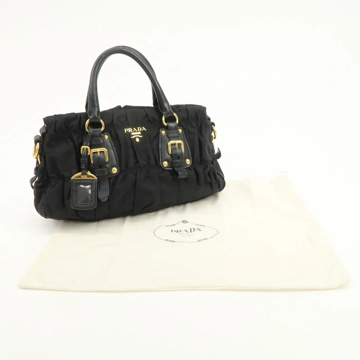 PRADA Nylon Leather Gathered 2Way Hand Shoulder Bag Black BN1407