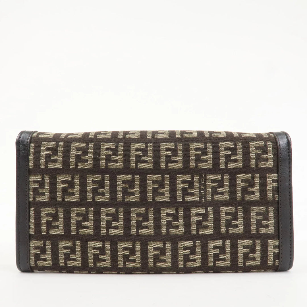 FENDI Zucchino Canvas Leather Bi-Fold Long Wallet Dark Brown 8M0021 Used