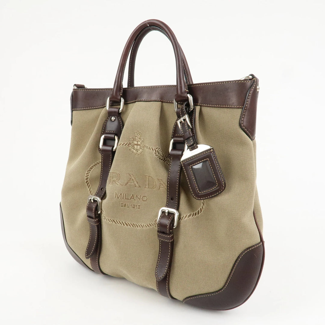 PRADA Logo Jaguard Leather 2way Hand Bag Beige Brown BN1184