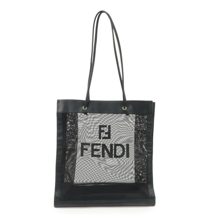 FENDI Mesh Leather Tote Bag Shoulder Bag Black Gold Hardware 259647