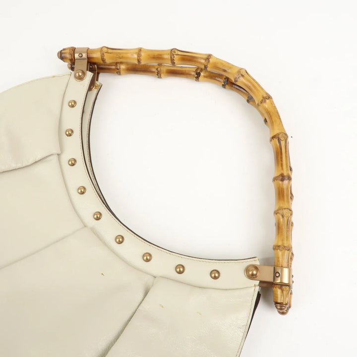 GUCCI Bamboo Leather Tucked Shoulder Bag Hand Bag Ivory 124293