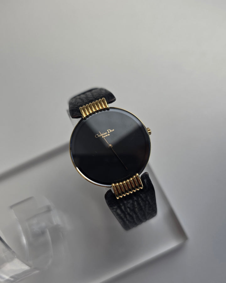 Christian Dior Round Dial Watch 🖤✨｜Minimal Black Dial × Gold Coil Lugs × Classic Parisian Elegance