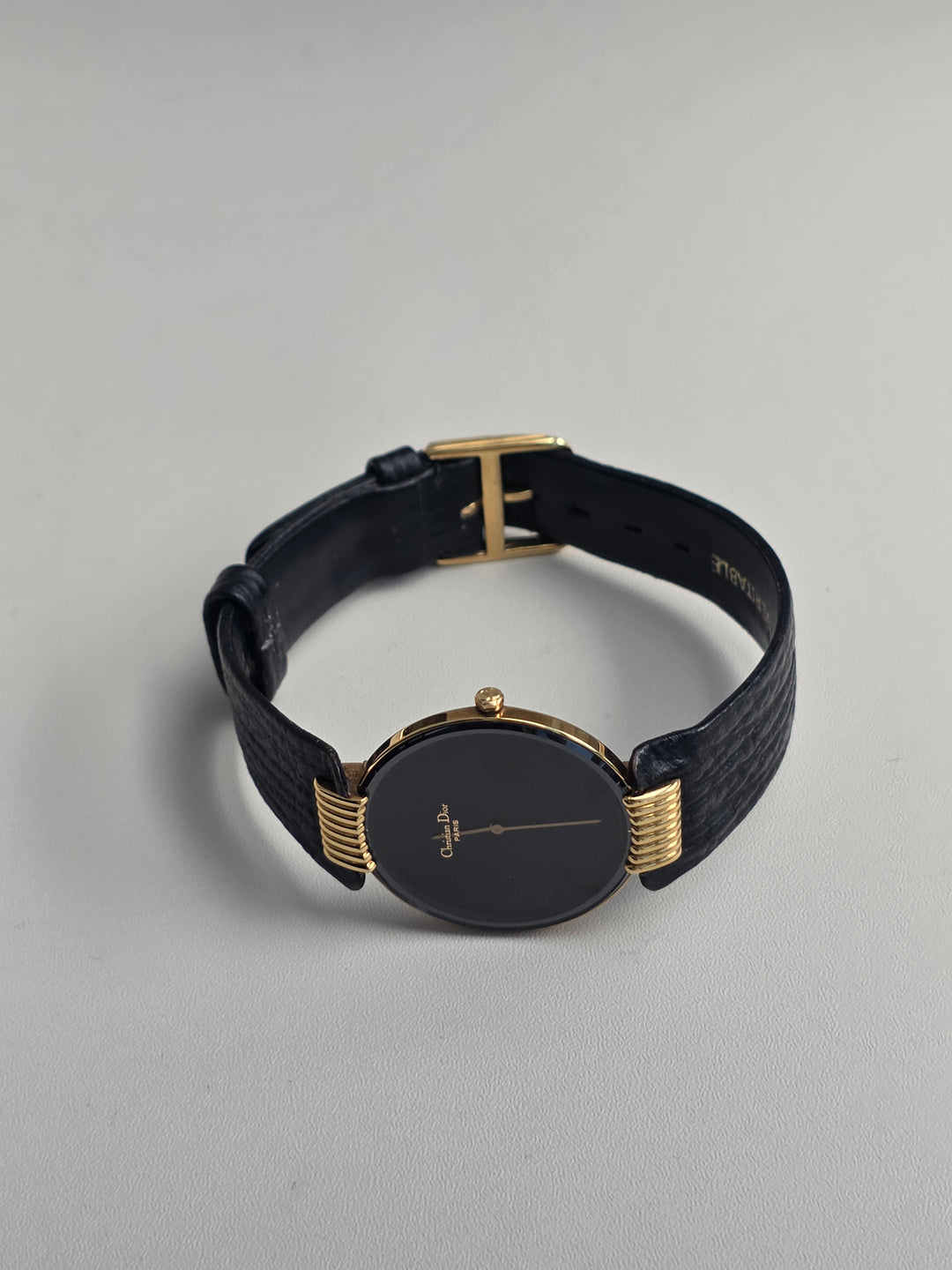 Christian Dior Round Dial Watch 🖤✨｜Minimal Black Dial × Gold Coil Lugs × Classic Parisian Elegance