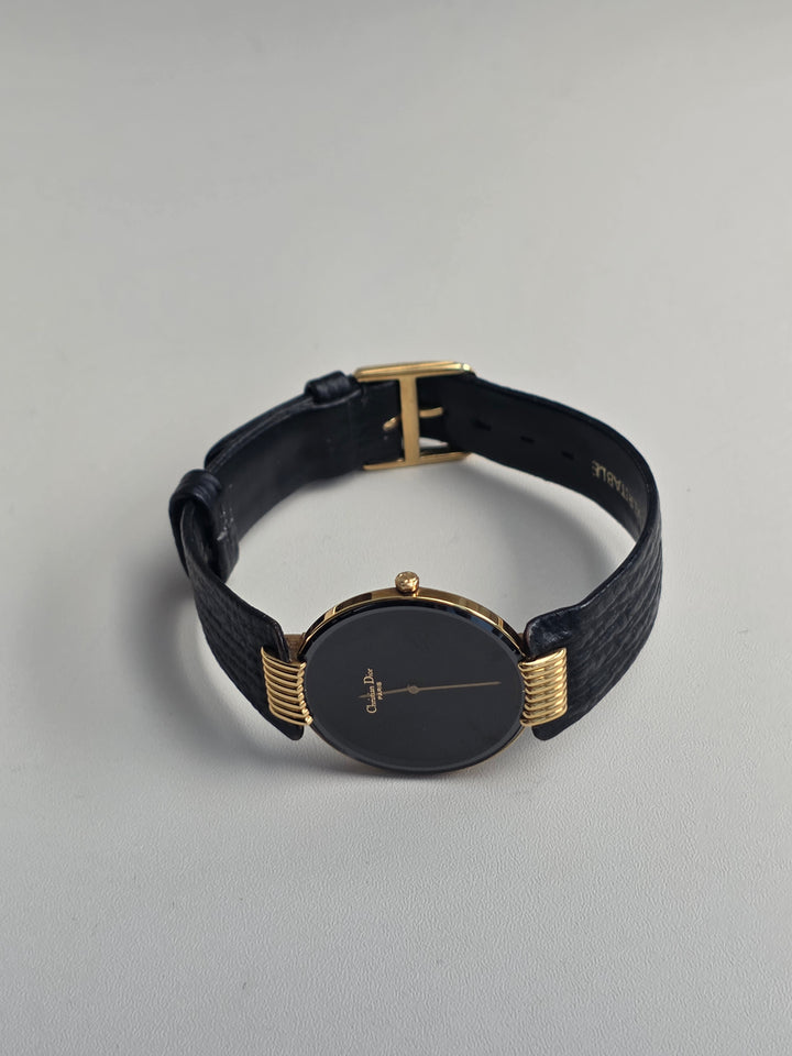 Christian Dior Round Dial Watch 🖤✨｜Minimal Black Dial × Gold Coil Lugs × Classic Parisian Elegance