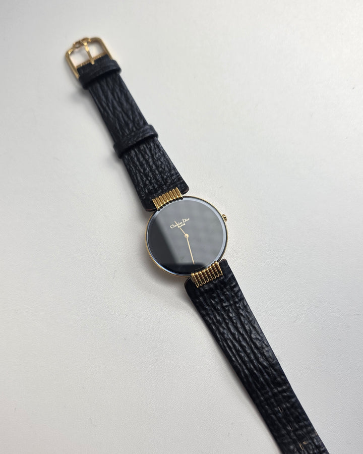 Christian Dior Round Dial Watch 🖤✨｜Minimal Black Dial × Gold Coil Lugs × Classic Parisian Elegance