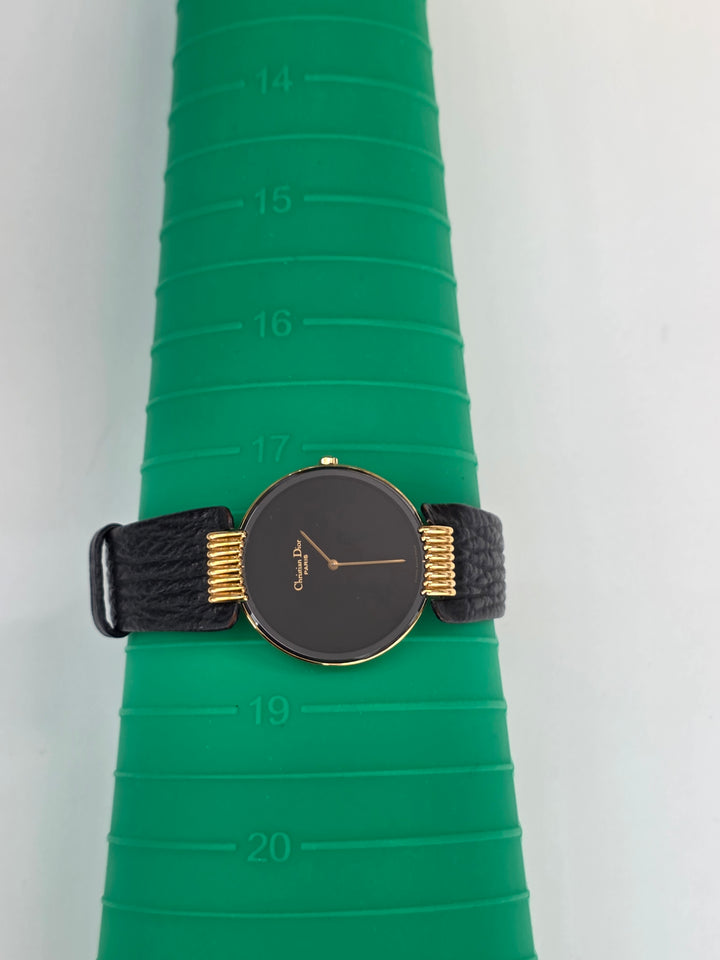 Christian Dior Round Dial Watch 🖤✨｜Minimal Black Dial × Gold Coil Lugs × Classic Parisian Elegance