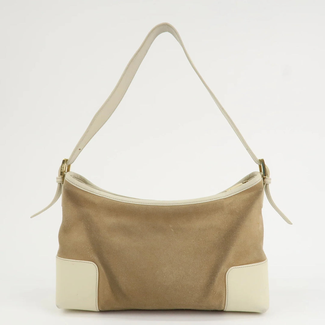 LOEWE Anagram Leather Suede Shoulder Bag Hand Bag Beige Ivory
