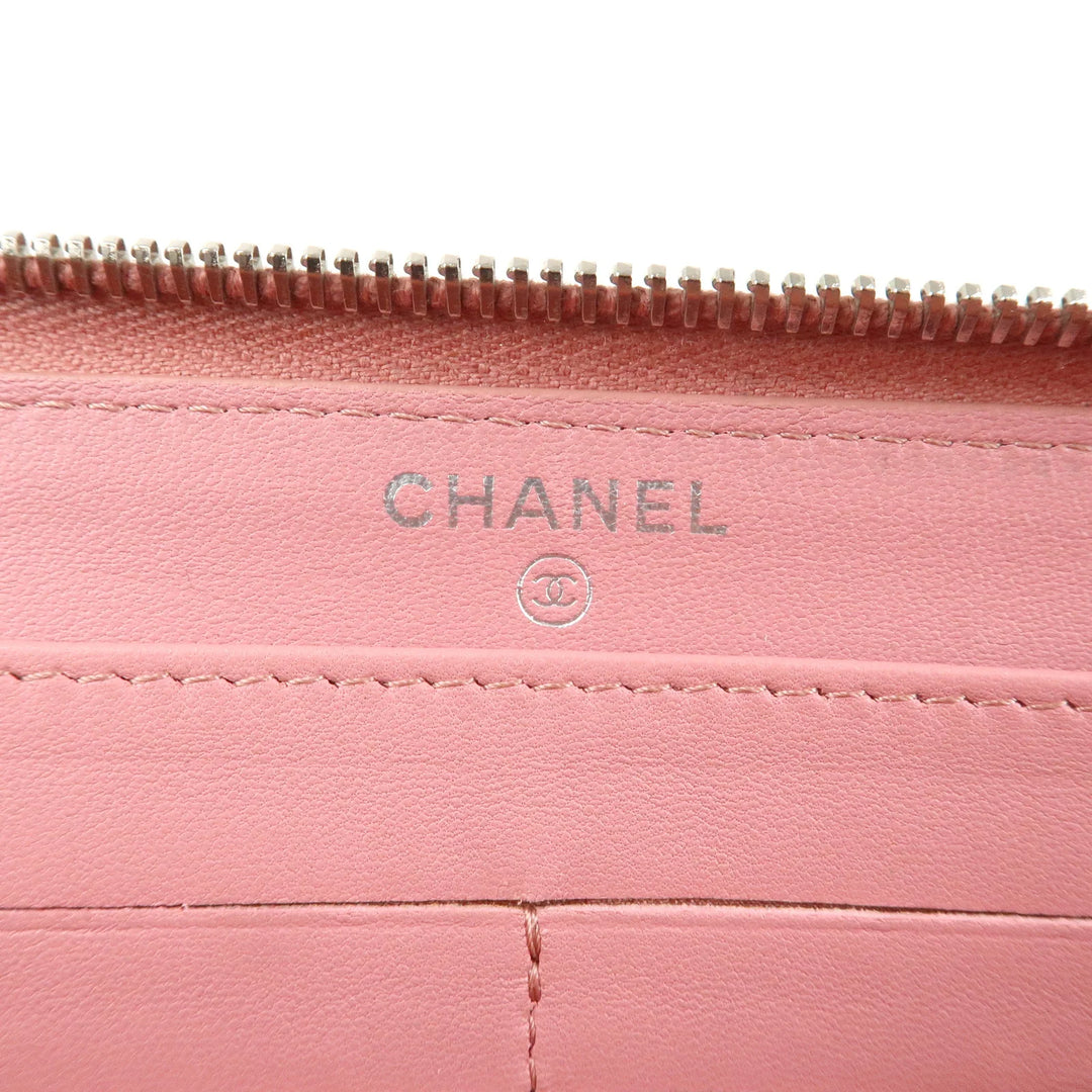 CHANEL Camellia Lamb Skin Long Zippy Wallet Pink A50085 Used