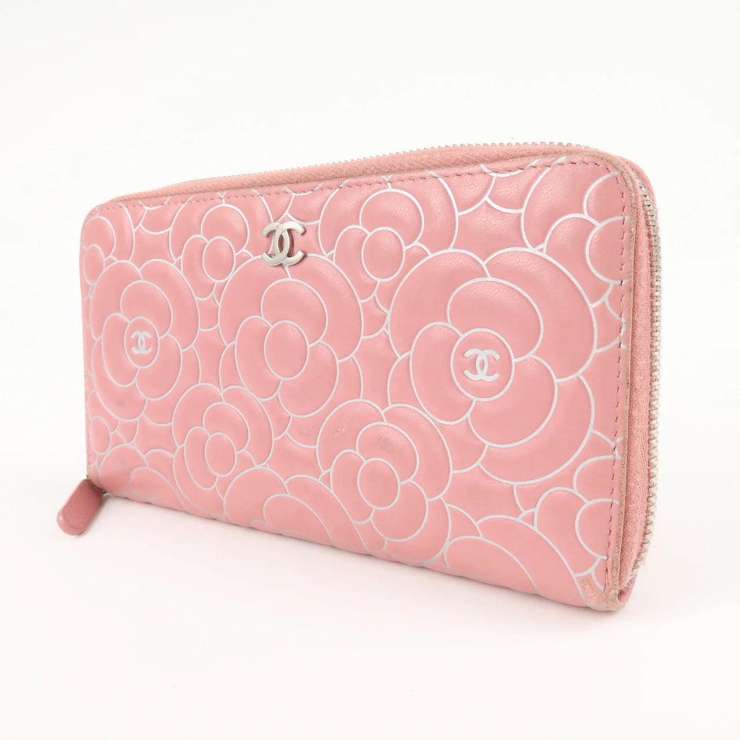 CHANEL Camellia Lamb Skin Long Zippy Wallet Pink A50085 Used