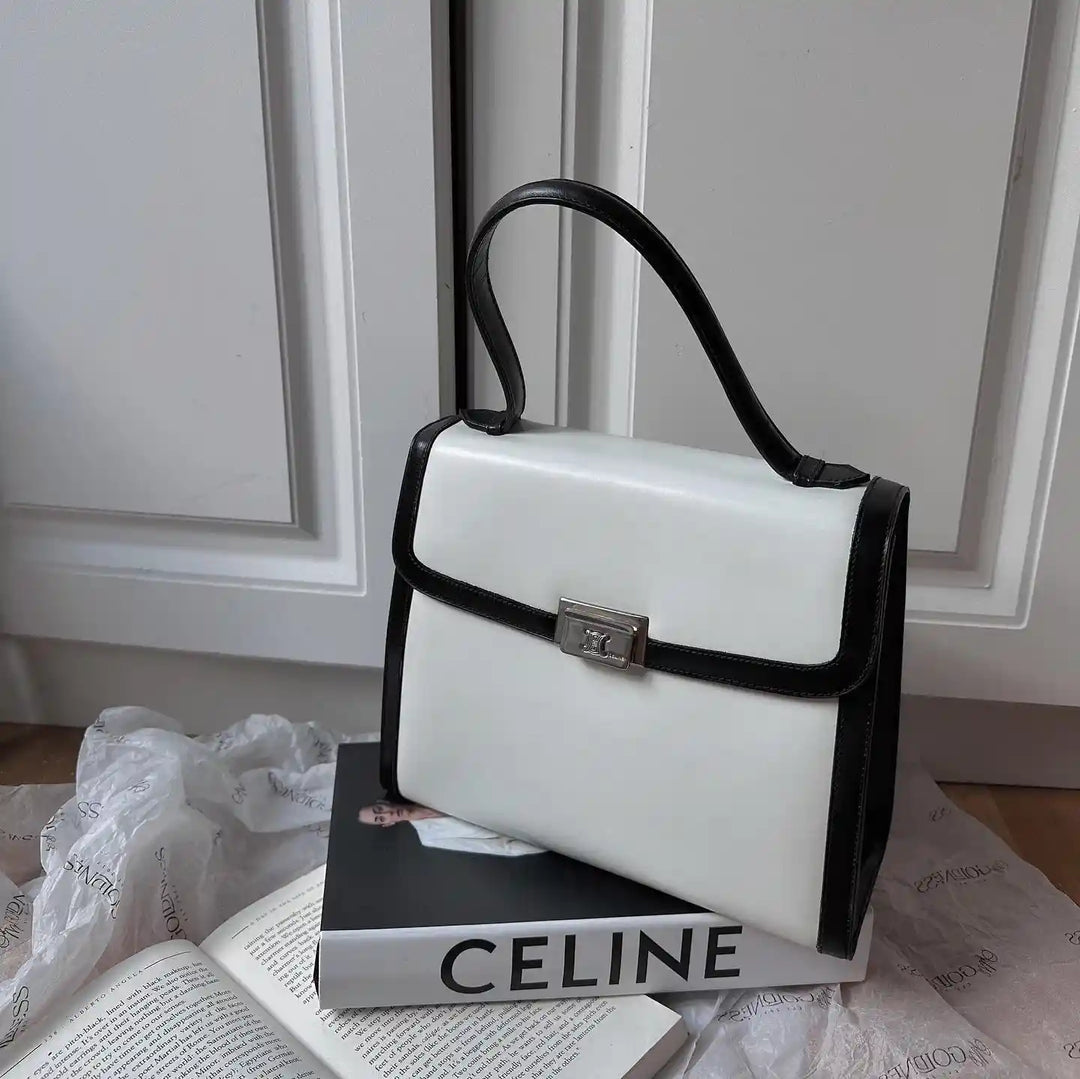 CELINE Panda-Color Triumph Silver Buckle Top Handle Bag 🐼｜Rare Black & White Combination