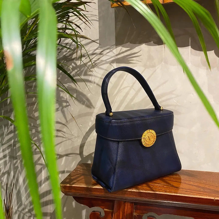 VALENTINO Navy Blue Gold Medallion Vanity Bag｜Elegant Structured Shape × Winter-Perfect Shade 💙