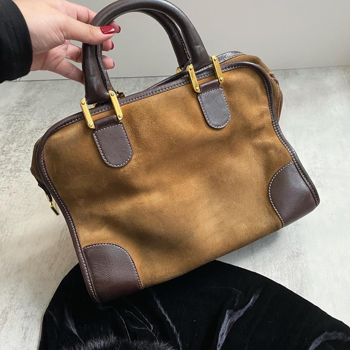 LOEWE Brown & Tan Suede Amazona｜Vintage “Biscuit” Colorway Top Handle Bag 🤎 Timeless & Practical Classic